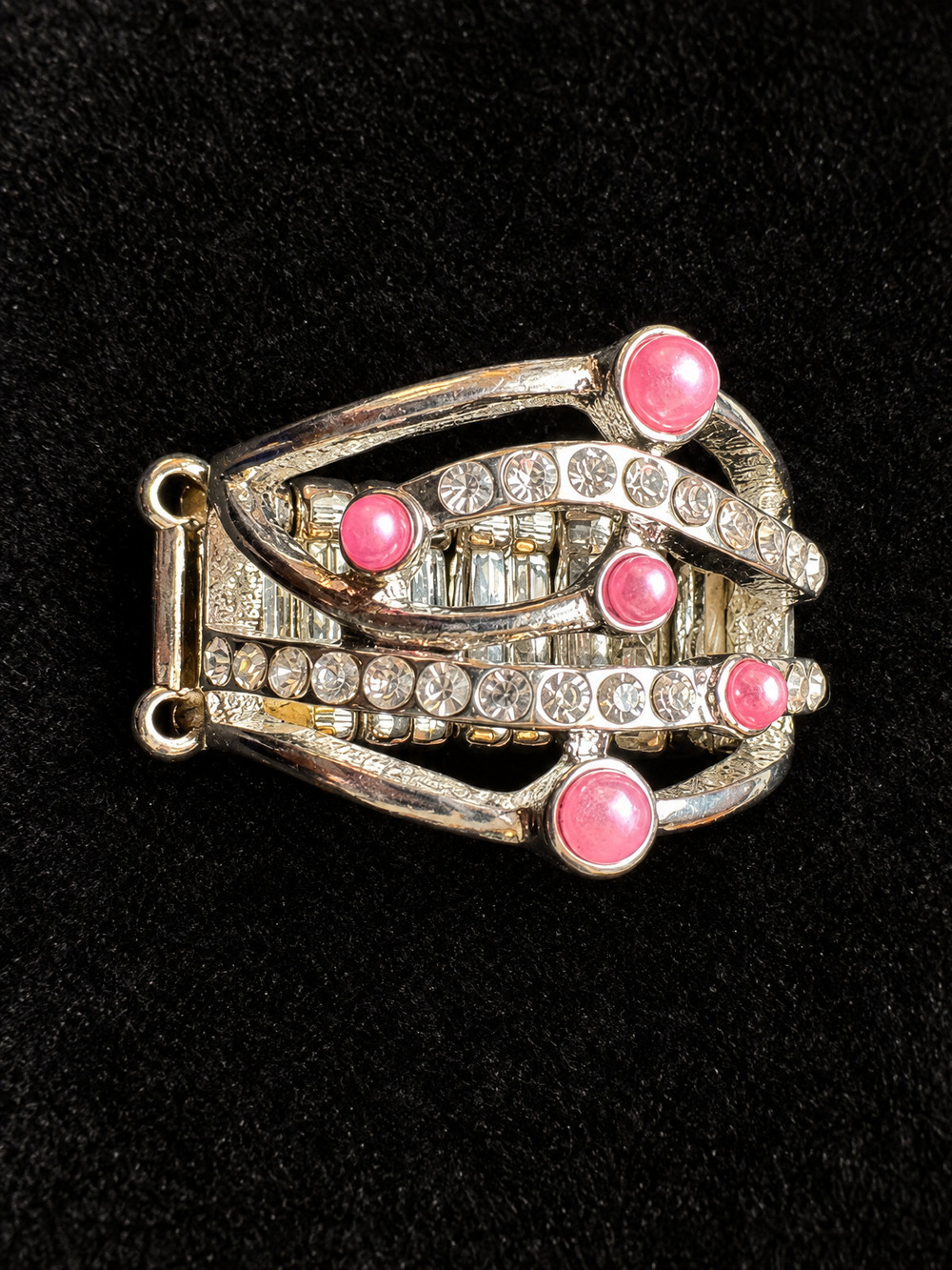 ⚜️ Stretch Cocktail Ring | Pink Cabochon & Rhinestone Openwork | Silver-Tone | F